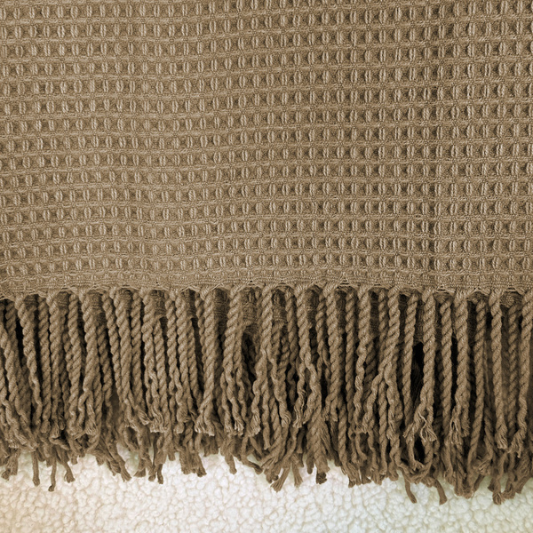 Žakárová Prikrývka Alta S Brmbolcami Vaflová Štruktúra Béžová Taupe 200x220 cm